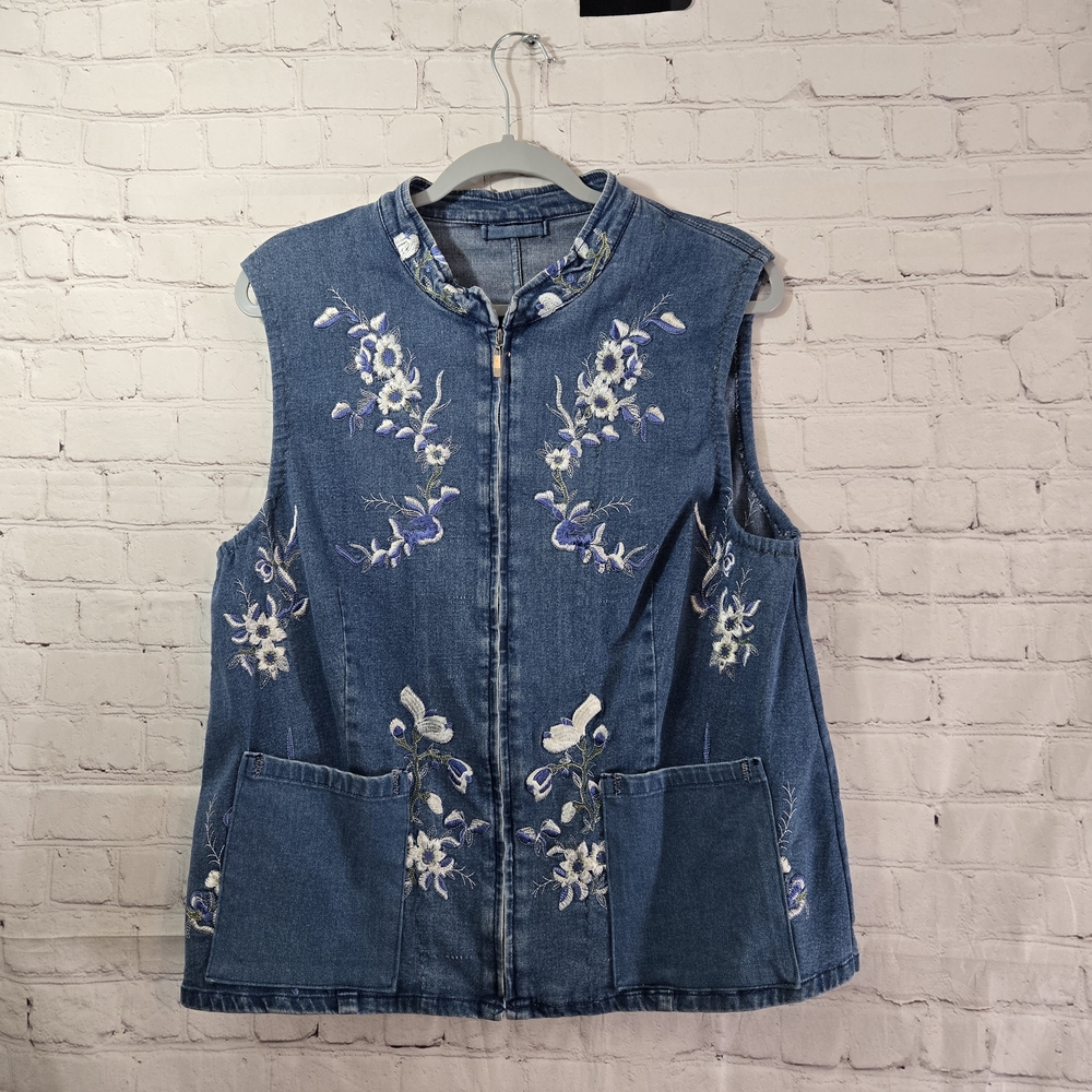 Floral Embroidered Denim Vest